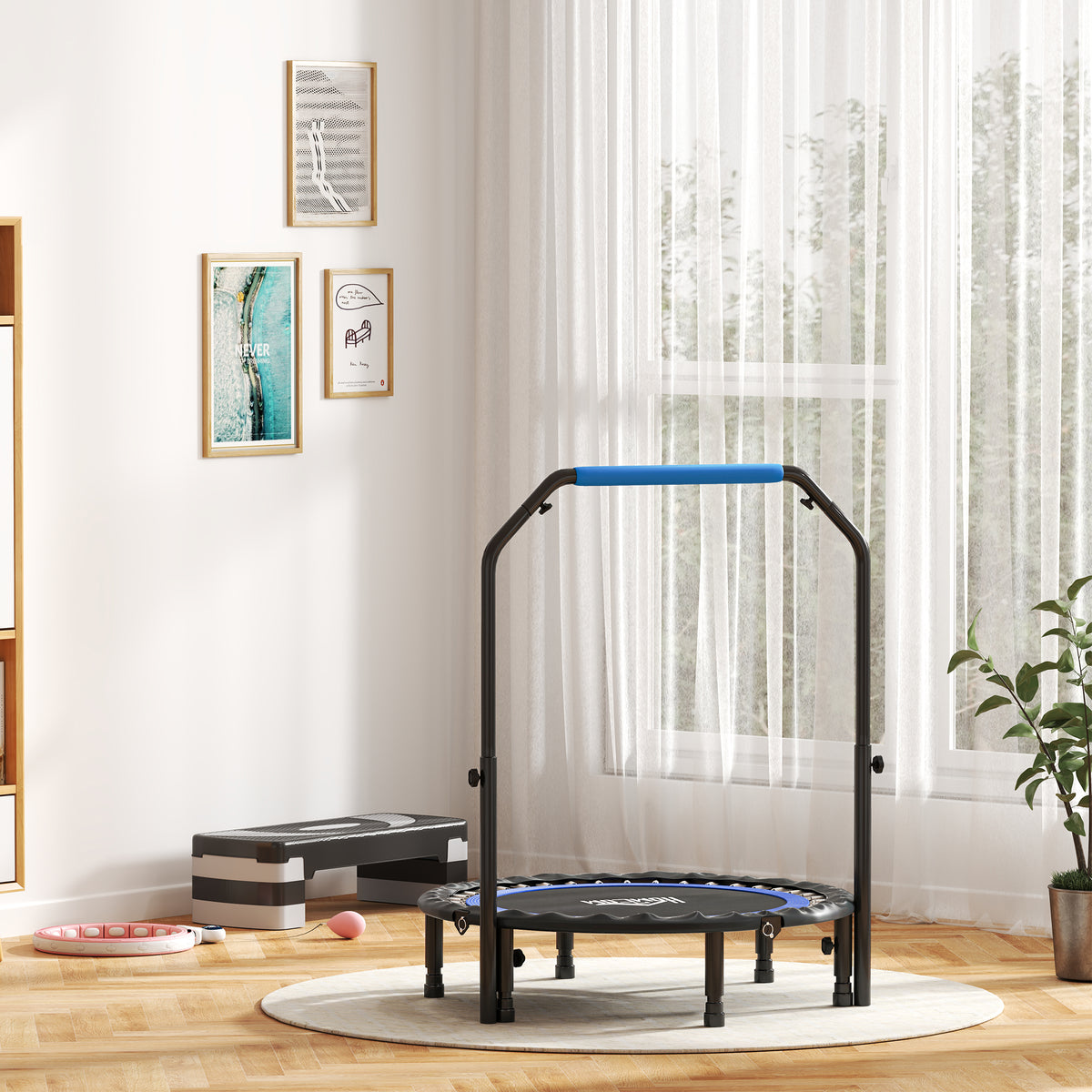 Trampoline de fitness gymnastique avec poignée réglable, pliable, 6 pieds, 28 ressorts Ø 102 cm, noir bleu-8