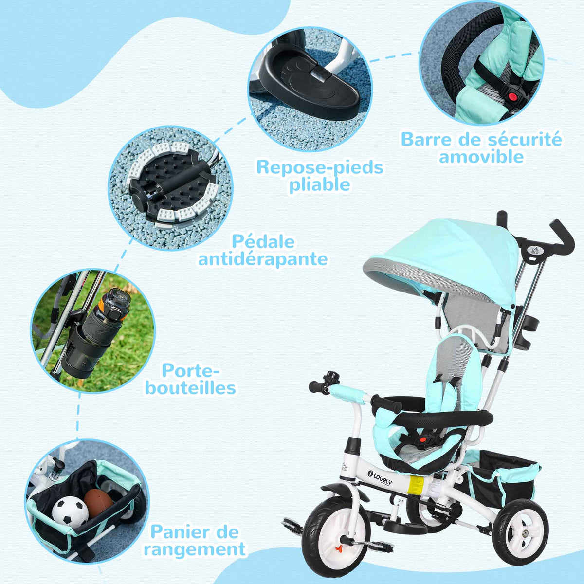 Tricycle 6 en 1 pour enfants, auvent, ceinture de sécurité 5 points, rangement, repose-pieds, frein, 1-5 ans, vert-5