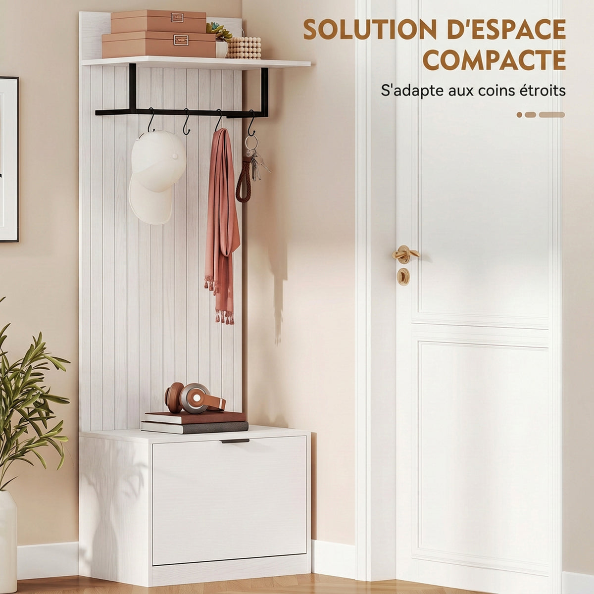 Porte-Manteau 5 en 1, Meuble d'Entrée, Banc à Chaussures, Tiroir Basculant, Étagères Réglables, 4 Crochets, Blanc-4