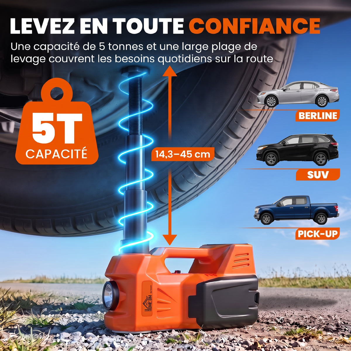 Cric Hydraulique Électrique 5T, 12V, 143-450 mm, Lumière LED, Pompe Gonflable, Allume-Cigare, 34,3x25,5x17,3cm, Orange-3