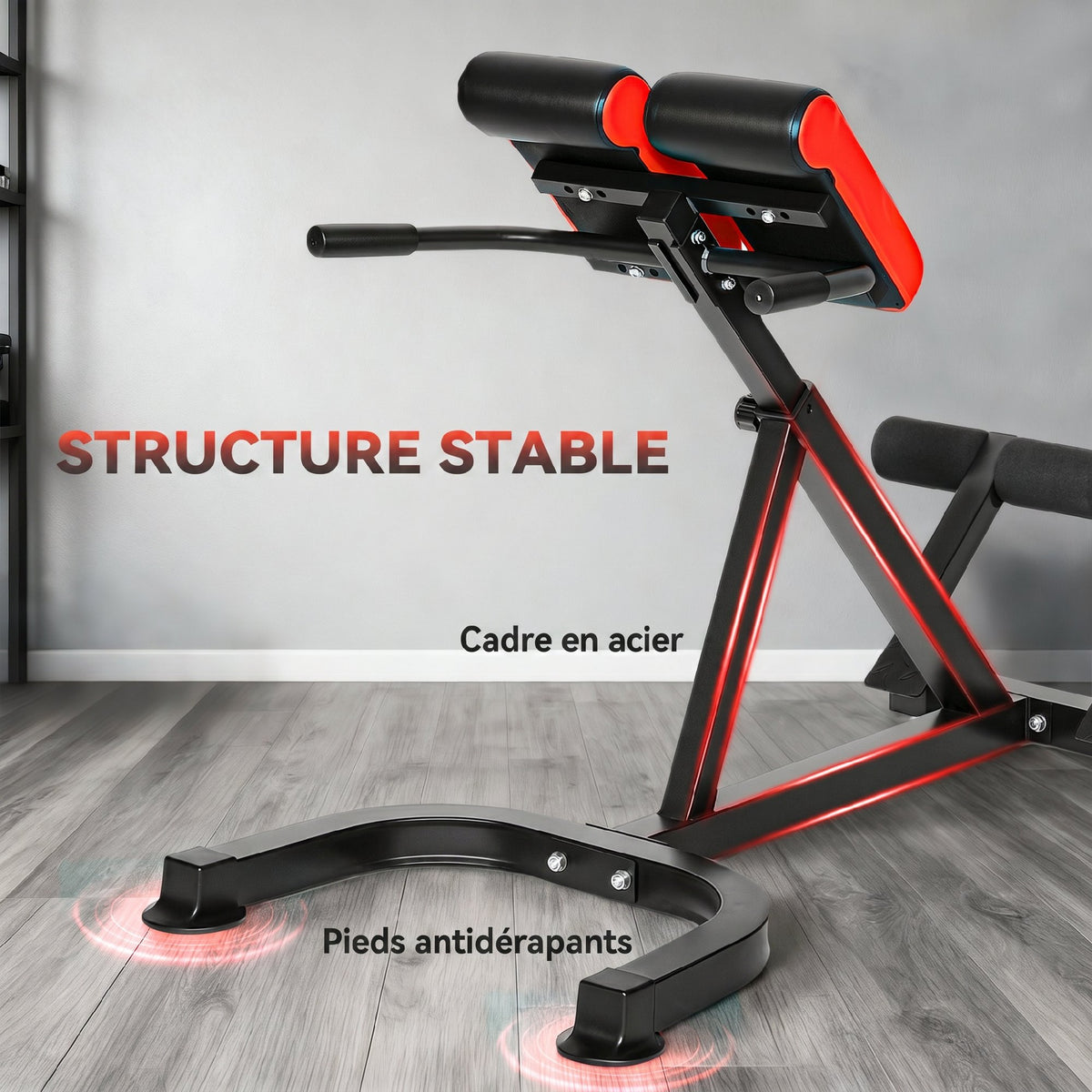 Banc de Musculation Réglable 5 Niveaux, Chaise Romaine avec Rouleaux en Mousse Dense, 112 x 62 x 88 cm, Noir et Rouge-4