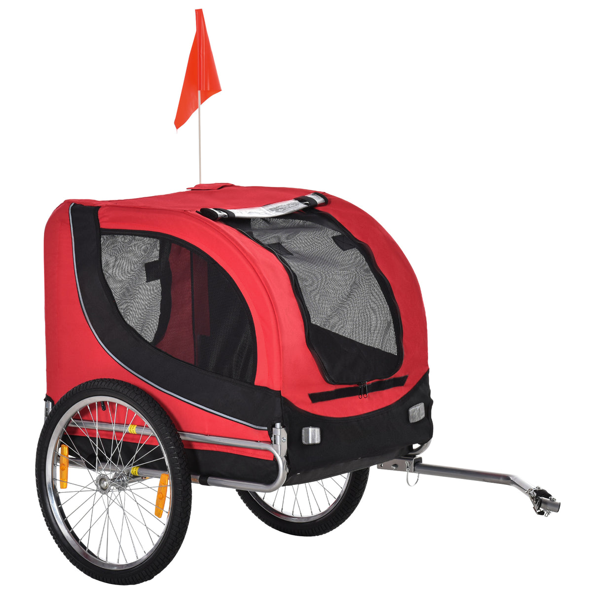 Remorque velo pour chien animaux avec 8 reflecteurs drapeau rouge noir-0
