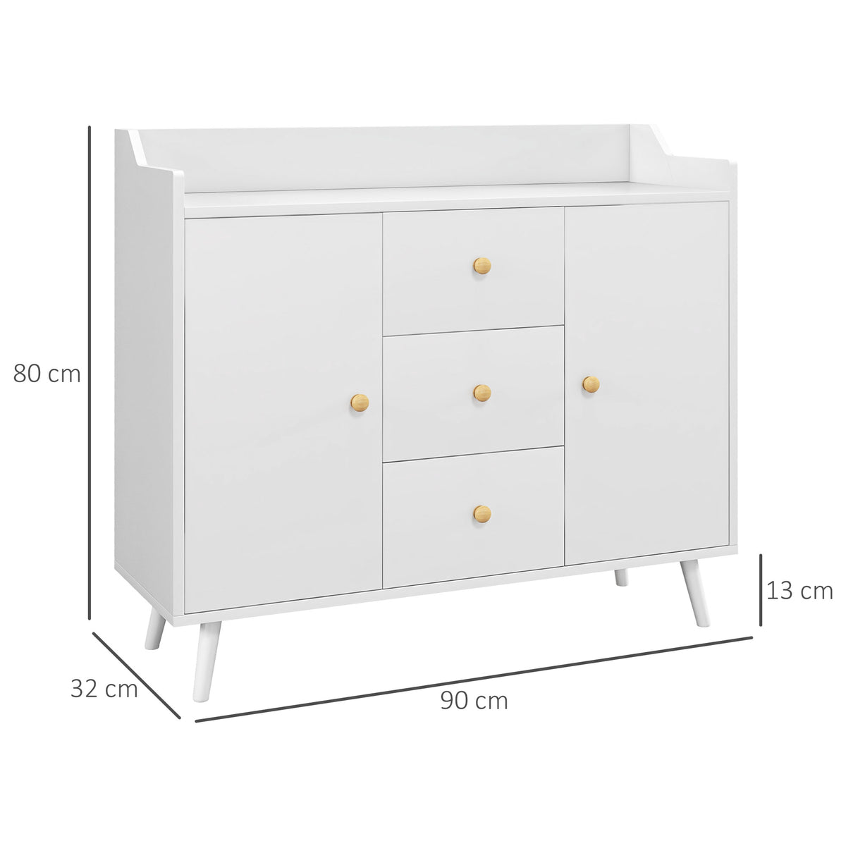 Buffet, meuble de rangement avec 2 portes, 3 tiroirs et pieds en bois massif, style moderne, 90 x 32 x 80 cm, blanc-2
