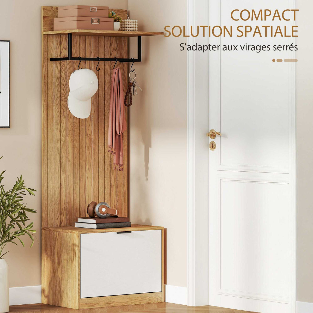 Porte-Manteau 5 en 1, Meuble d'Entrée, Banc à Chaussures, Tiroir Basculant, Étagères Réglables, 4 Crochets, Chêne-4