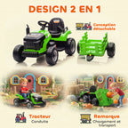 Tracteur électrique enfants avec remorque amovible, voiture électrique enfants, télécommande 2,4G, 139x58x55cm, vert-4