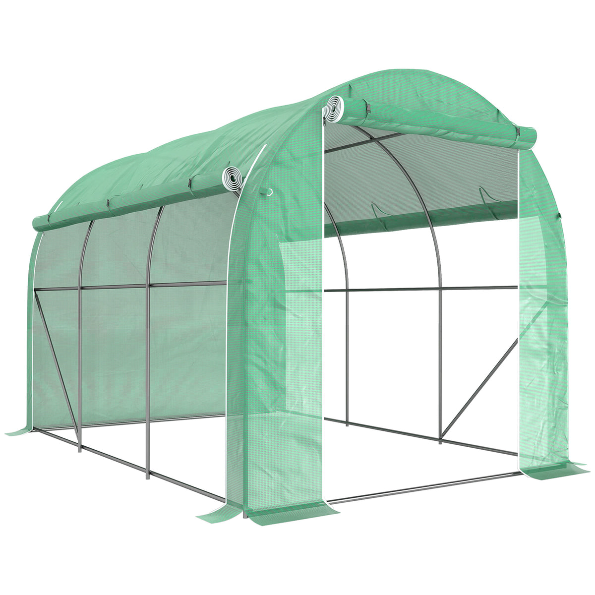 Serre tunnel de jardin 6 m² 3 x 2 m avec 1 porte + 2 parois latérales zippées enroulables, 6 fenêtres, vert-0