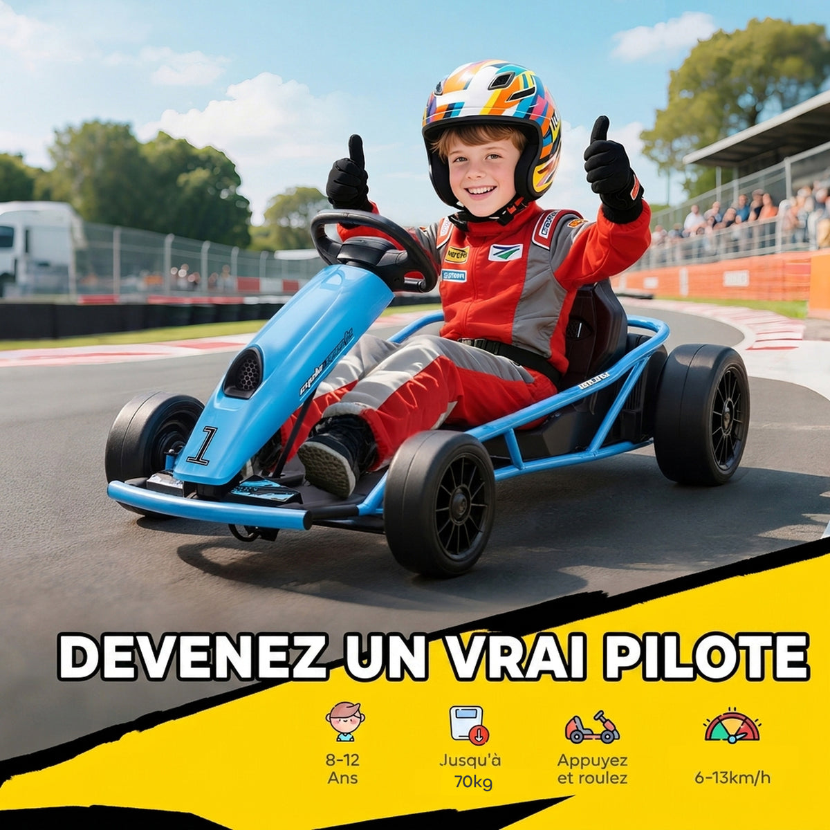 Kart Électrique pour Enfants 24 V, Go Kart avec Mode Drift, 2 Moteurs, Démarrage Progressif, 2 Vitesses 6-13 km/h, Bleu-3