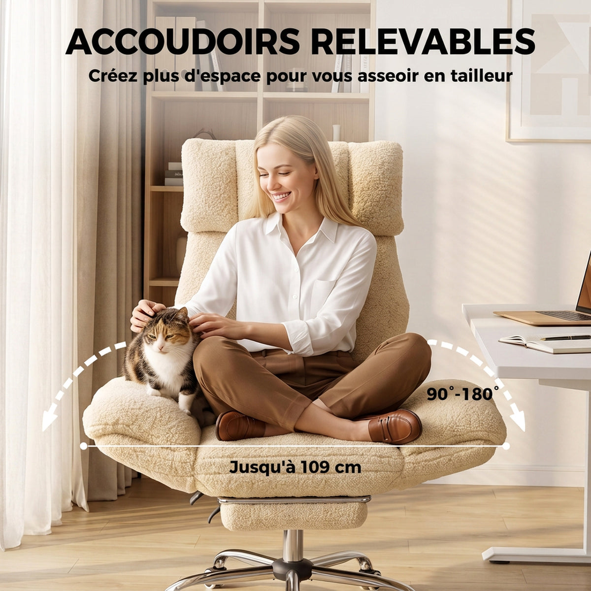 Chaise Bureau Ergonomique avec Accoudoirs Rabattables 5 Niveaux, Fauteuil de Bureau Inclinable en Tissu Teddy, Crème-3
