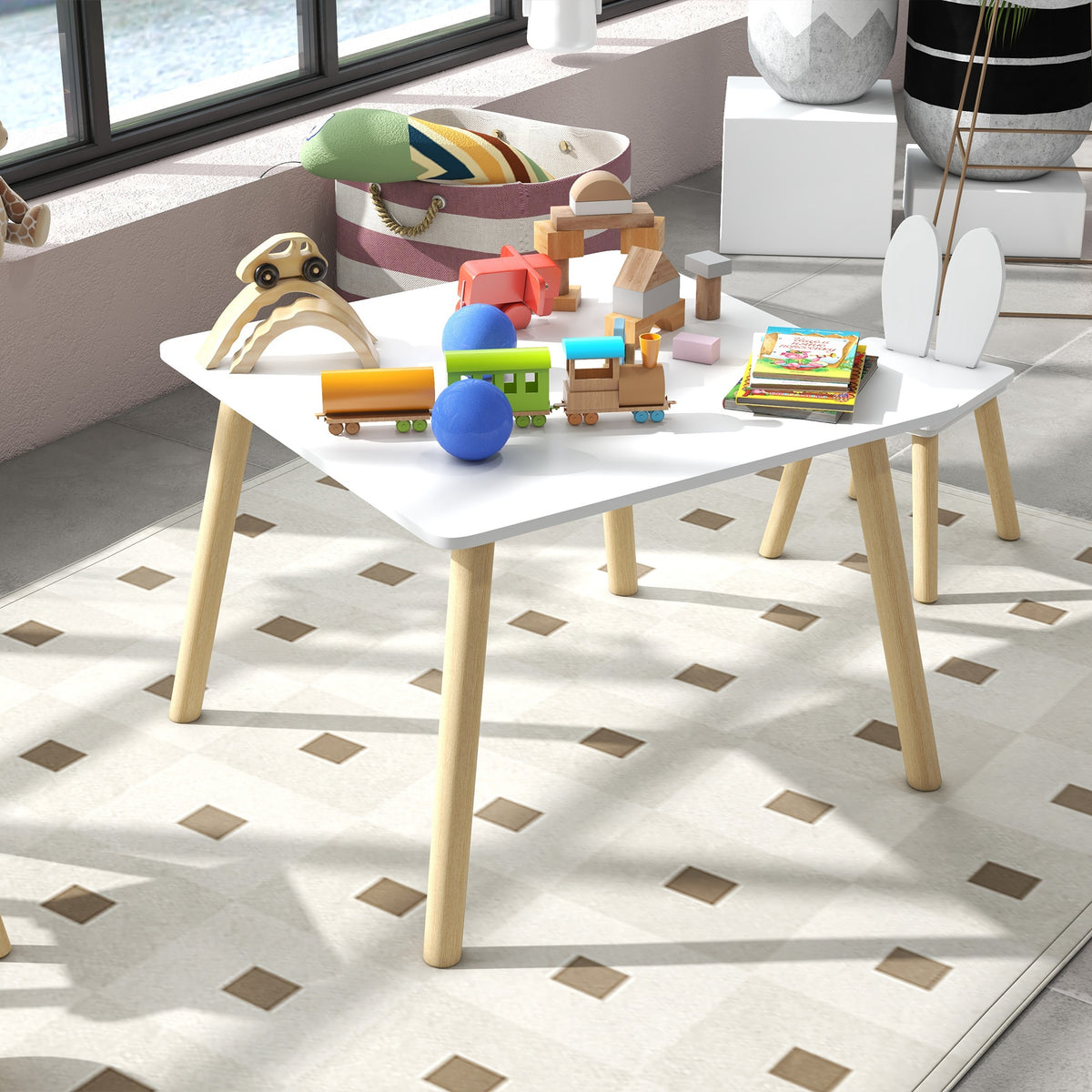 Ensemble table et 2 chaises enfant design scandinave motif oreille de lapin bois pin blanc-7