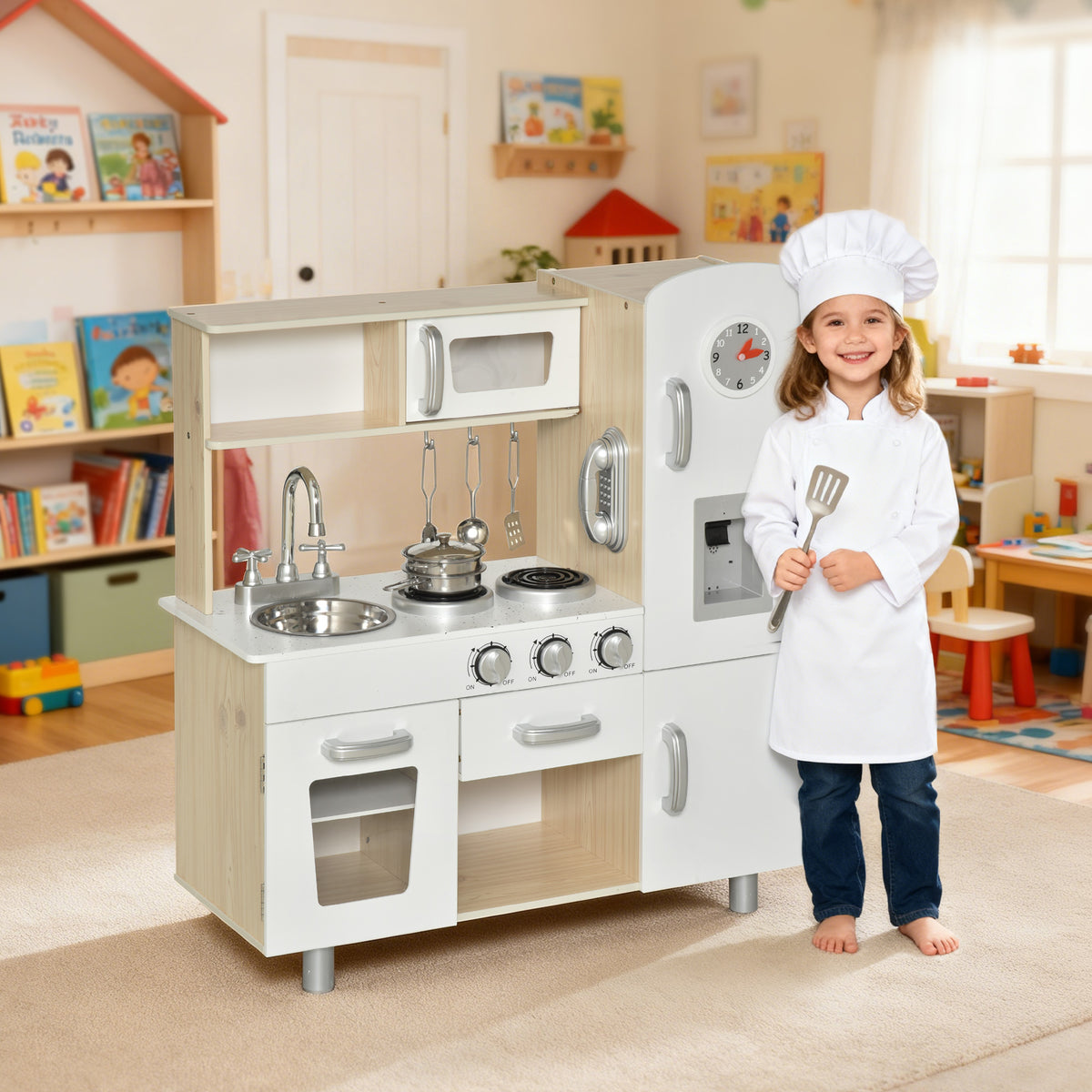 Cuisine Bois Jeu d'imitation - Cuisine Enfant - Nombreux Accessoires & rangements Inclus - MDF pin Blanc chêne Clair-1