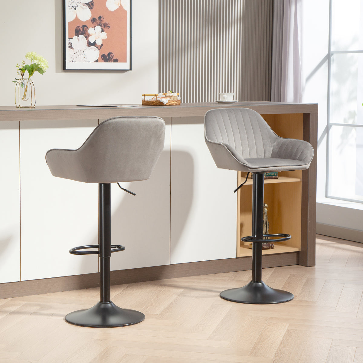 Lot de 2 tabourets de bar, chaises de bar en velours avec dossier, repose-pieds, hauteur réglable et pivotante gris-8