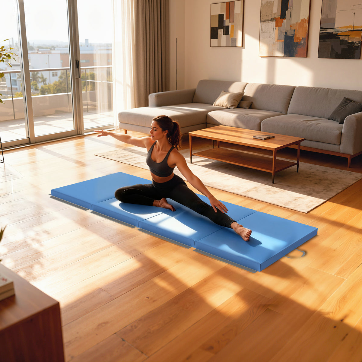 Tapis de gymnastique yoga pilates fitness pliable en 4 avec poignées revêtement synthétique 180 x 80 x 5 cm bleu clair-7