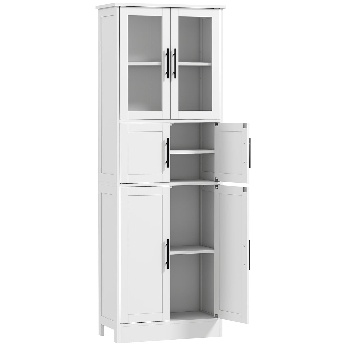 Meuble de salle de bain, meuble de rangement 6 niveaux, 6 portes dont 2 vitrées, étagères réglables, 60x30x170cm, blanc-0