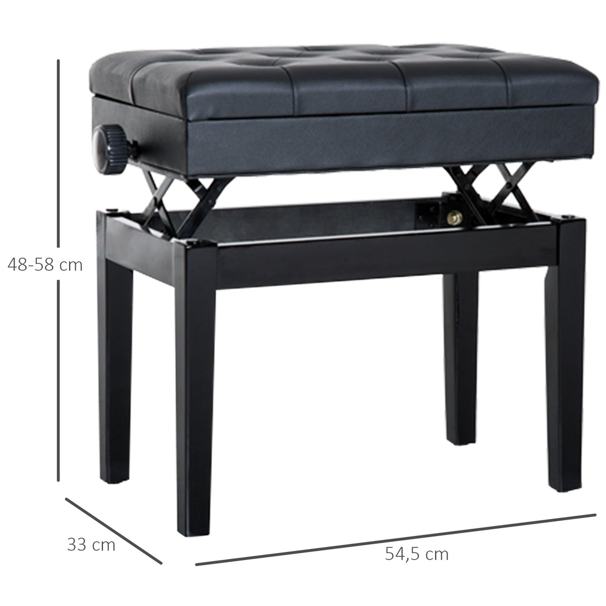 Banc piano, clavier haut. réglable bois massif, tabouret compartiment caché, siège rembourré charge 200kg, noir-2