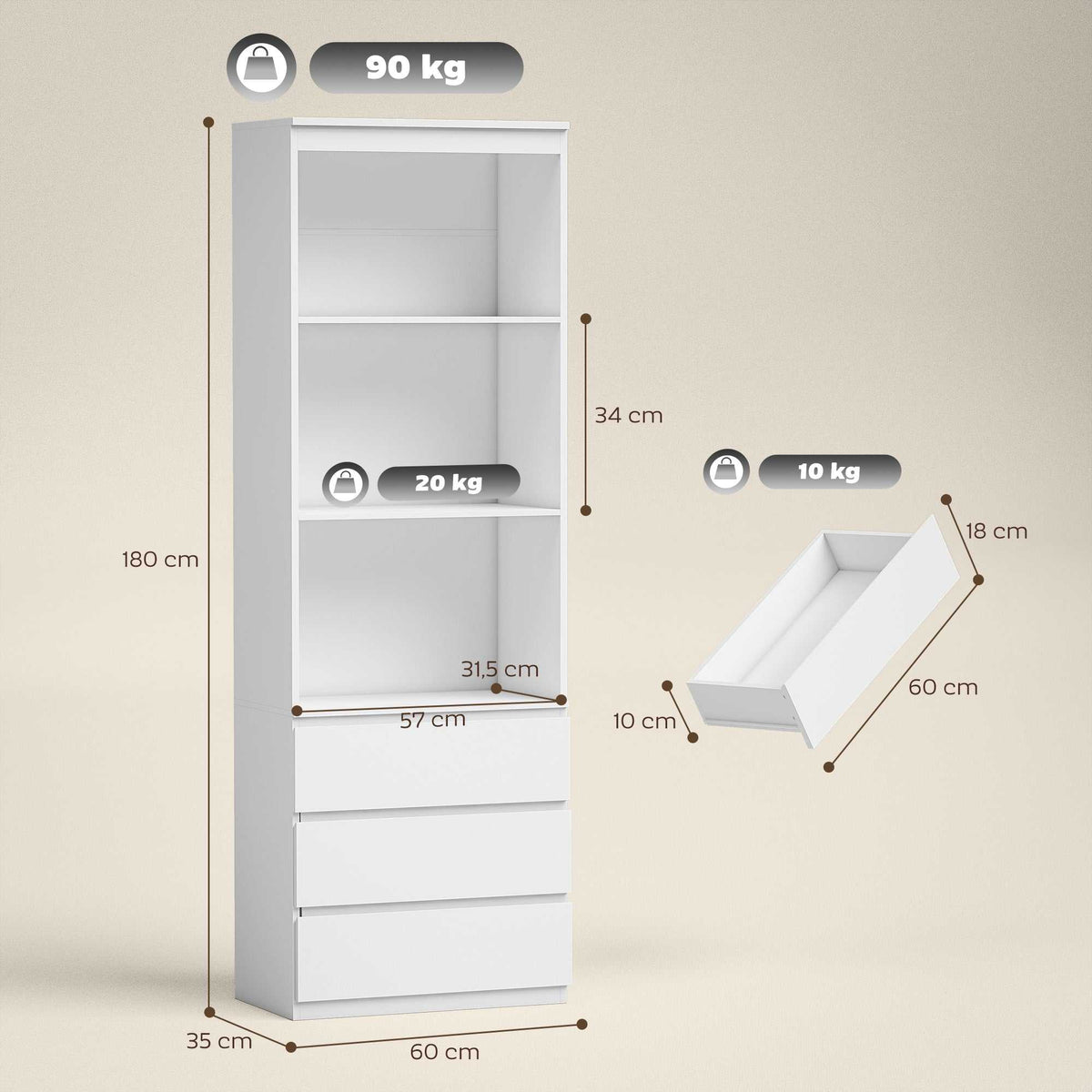 Bibliothèque haute de 180 cm avec 3 étagères et 3 tiroirs 60 x 35 x 180 cm en bois blanc-2