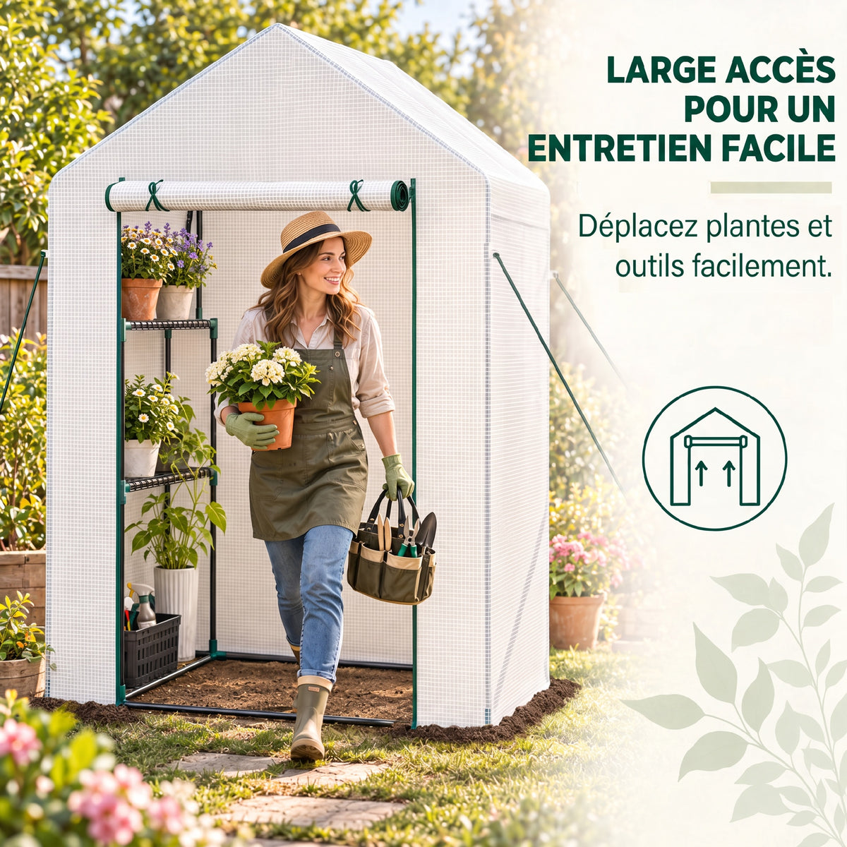 Serre de Jardin PE avec Étagères 2 Niveaux, Bâche Renforcée 140 g/m², Porte Zippée Enroulable, 143x73x195cm, Blanc-4