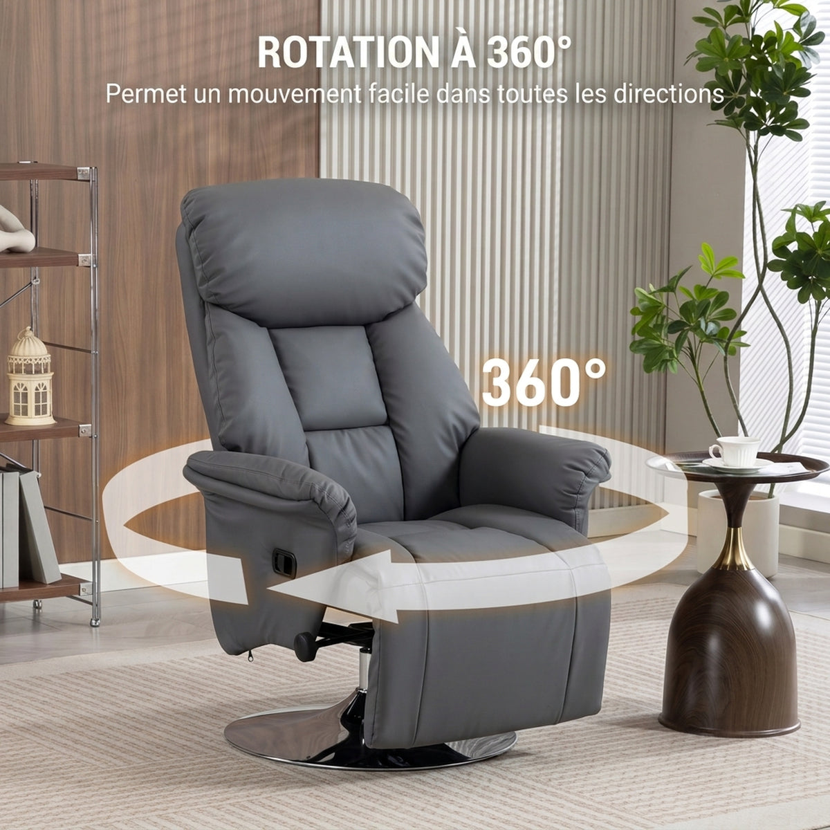 Fauteuil de relaxation inclinable pivotant repose-pied réglable, jusqu'à 150 kg, pour salon, chambre, home cinéma, gris-4