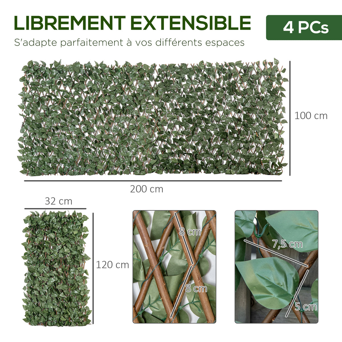 Lot de 4 Haies Artificielles de Lierre Extensible, Feuilles Murale Brise-vue en Polyester Osier, 200 x 100 cm, Vert-2