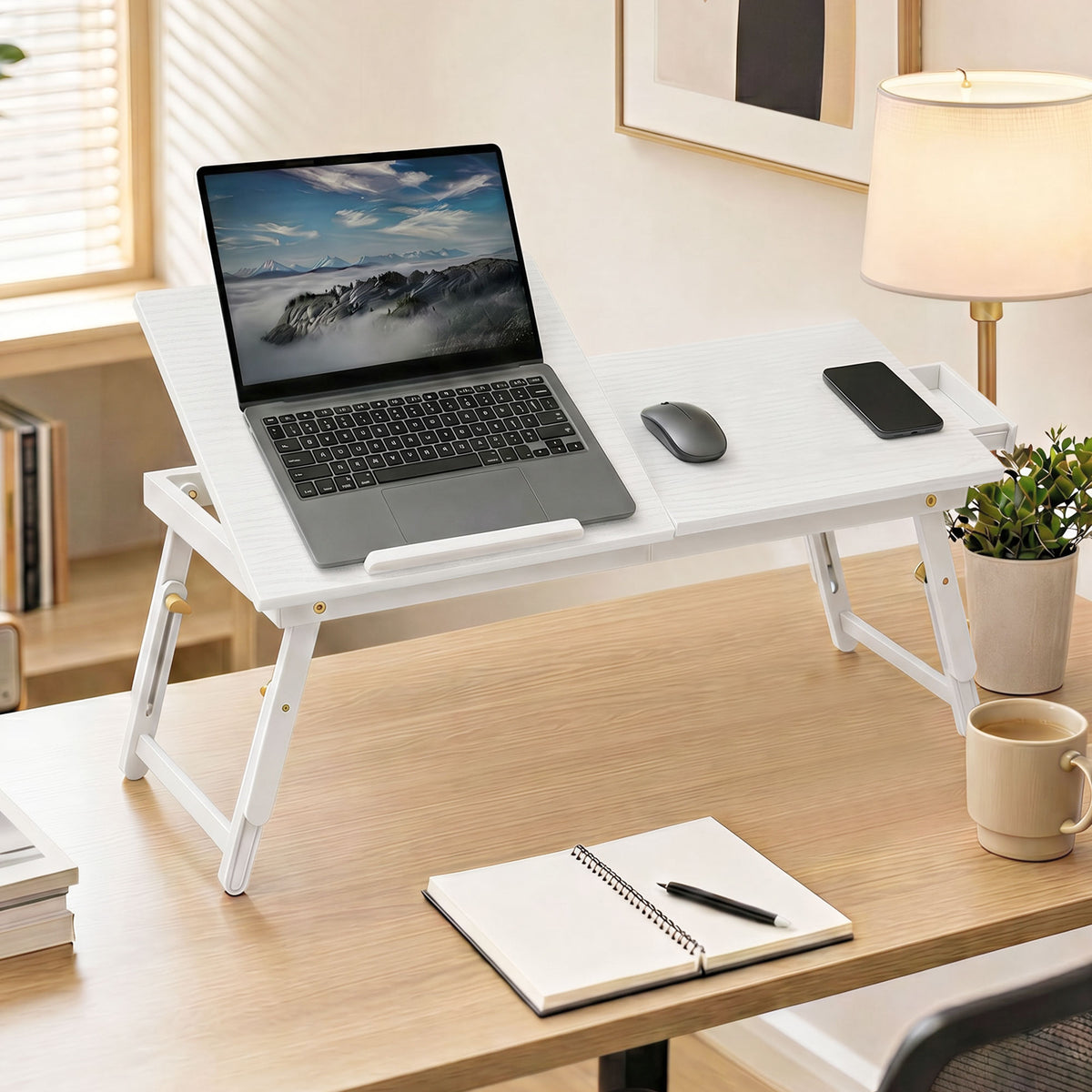 Table de lit pliable et réglable, plateau de lit pour ordinateur portable en bambou plateau inclinable 83,5x33x34cm blanc-1