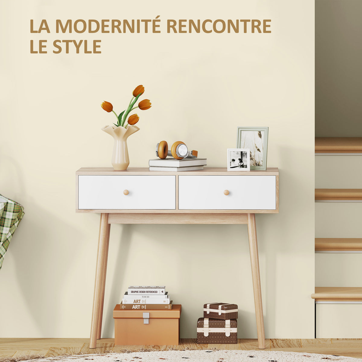 Table console avec 2 tiroirs et pieds en bois, pour salon, entrée, couloir, 86 x 35 x 75 cm, chêne et blanc-4
