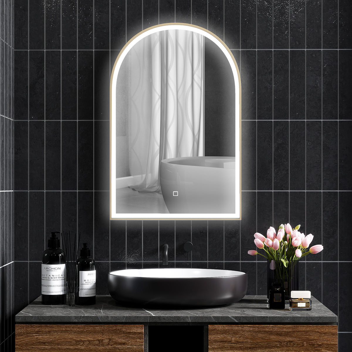 Miroir de salle de bain LED 90 x 60cm, mural, 3 couleurs, arqué cadre en aluminium, désembuage et interrupteur tactile-1