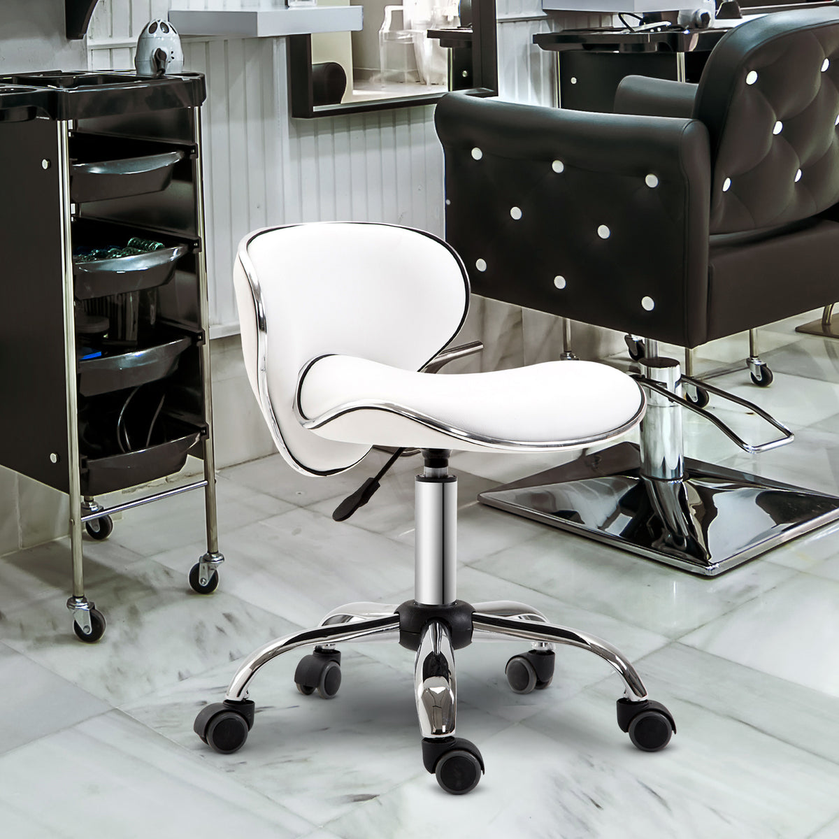 Tabouret à roulettes tabouret de travail avec hauteur réglable 44-56 cm et dossier, pivotant 360°, blanc-1