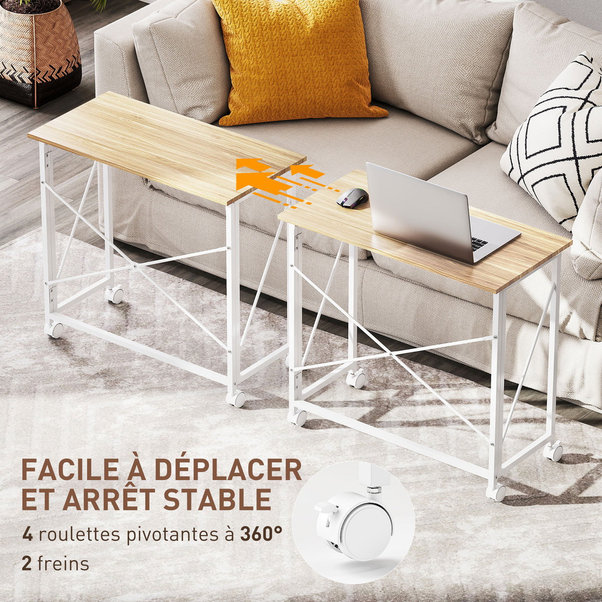 Bureau pliant table d'ordinateur 80 x 40 cm sur roulettes pour bureau à domicile, chambre, petits espaces, chêne-4
