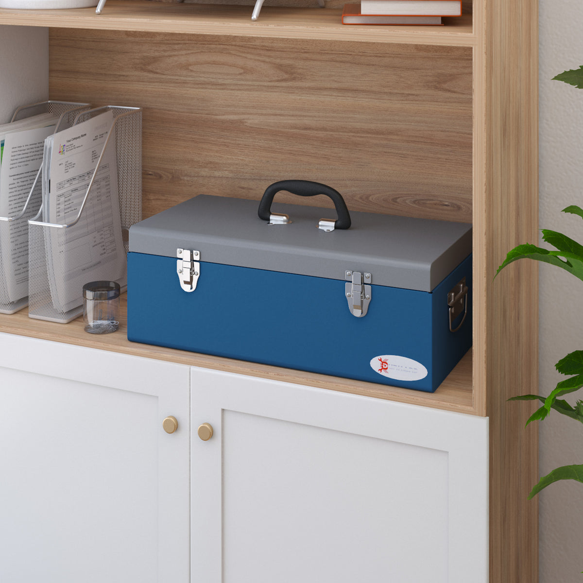 Caisse boite à outils en métal transportable avec 3 poignées, 2 loquets, dim. 50L x 26l x 18,5H cm, bleu-1