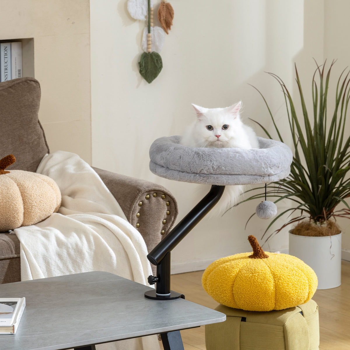 Lit de Bureau pour Chat Rotation de 360° et Hauteur Réglable, Lit pour Chat Lavable avec Balle Jouet, 35x35x48cm, Gris-7