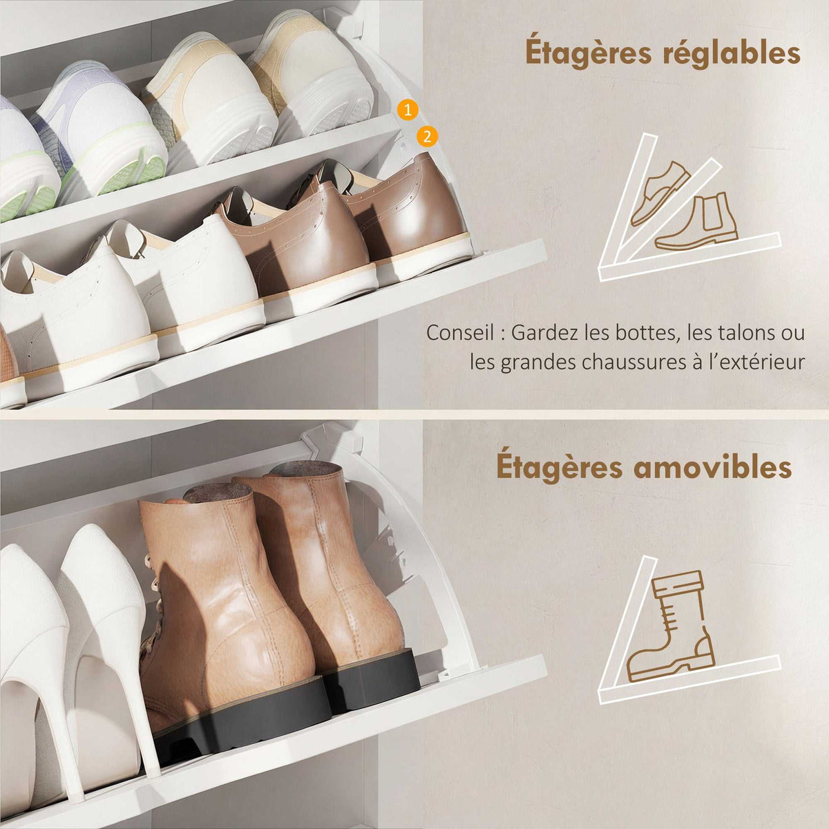 Armoire à Chaussures 3 Portes abattantes 2 Compartiments Panneaux Particules Blanc chêne-4