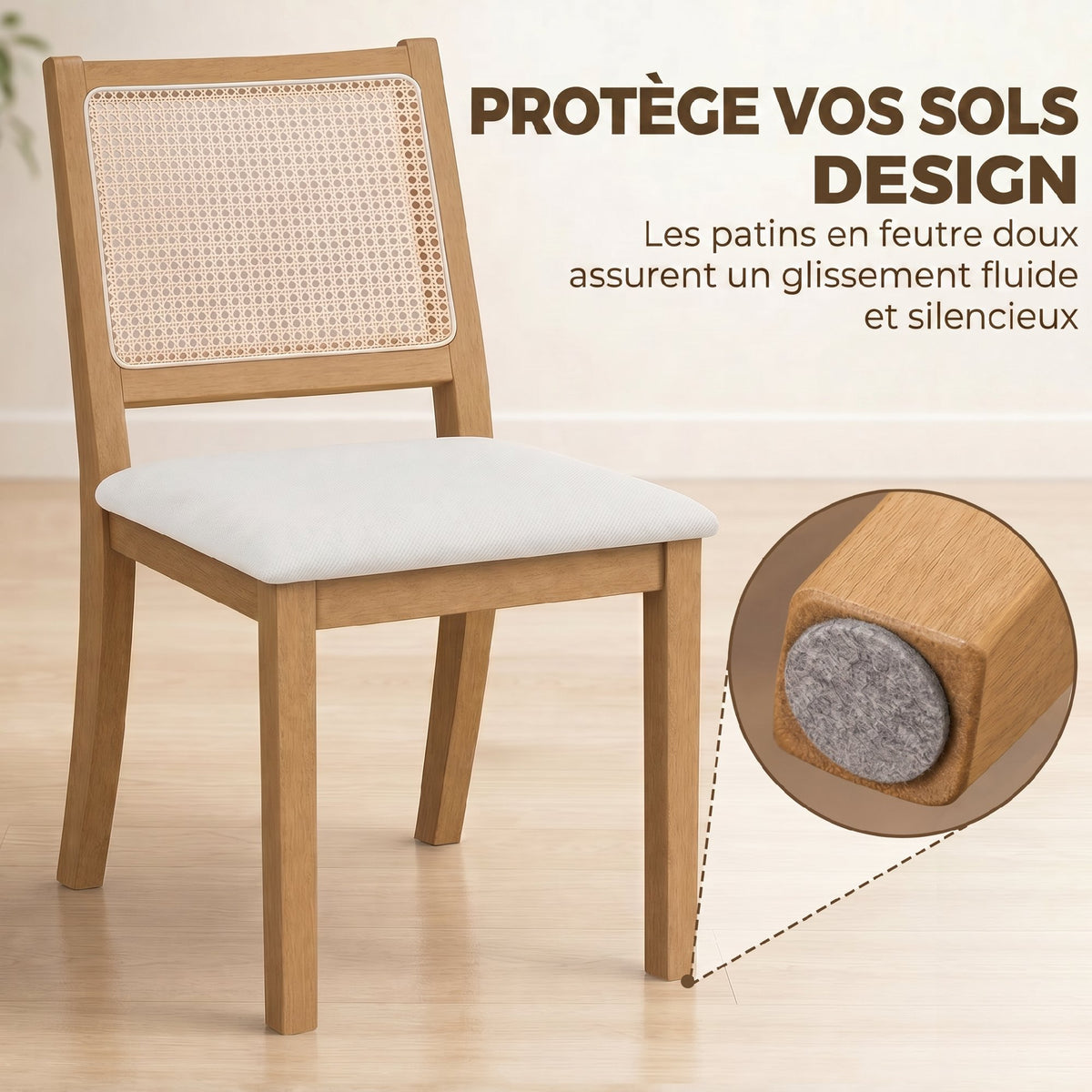 Lot de 2 chaises de salle à manger, chaises de cuisine avec assise rembourrée, dossier effet rotin, crème et chêne-6