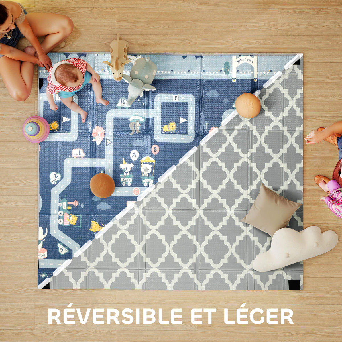 Tapis de jeu pour bébé pliable et réversible, tapis de sol en mousse épais, 202 x 180,5 x 1 cm, multicolore-4