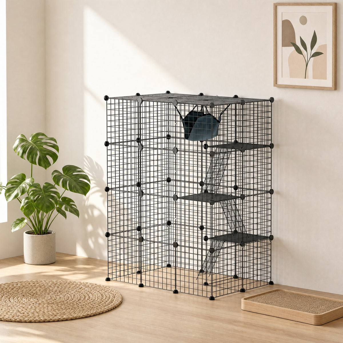 Cage pour chat d'intérieur parc pour chat en acier à 4 niveaux DIY avec 5 portes hamac 1-3 chats 105 x 70 x 140 cm noir-9