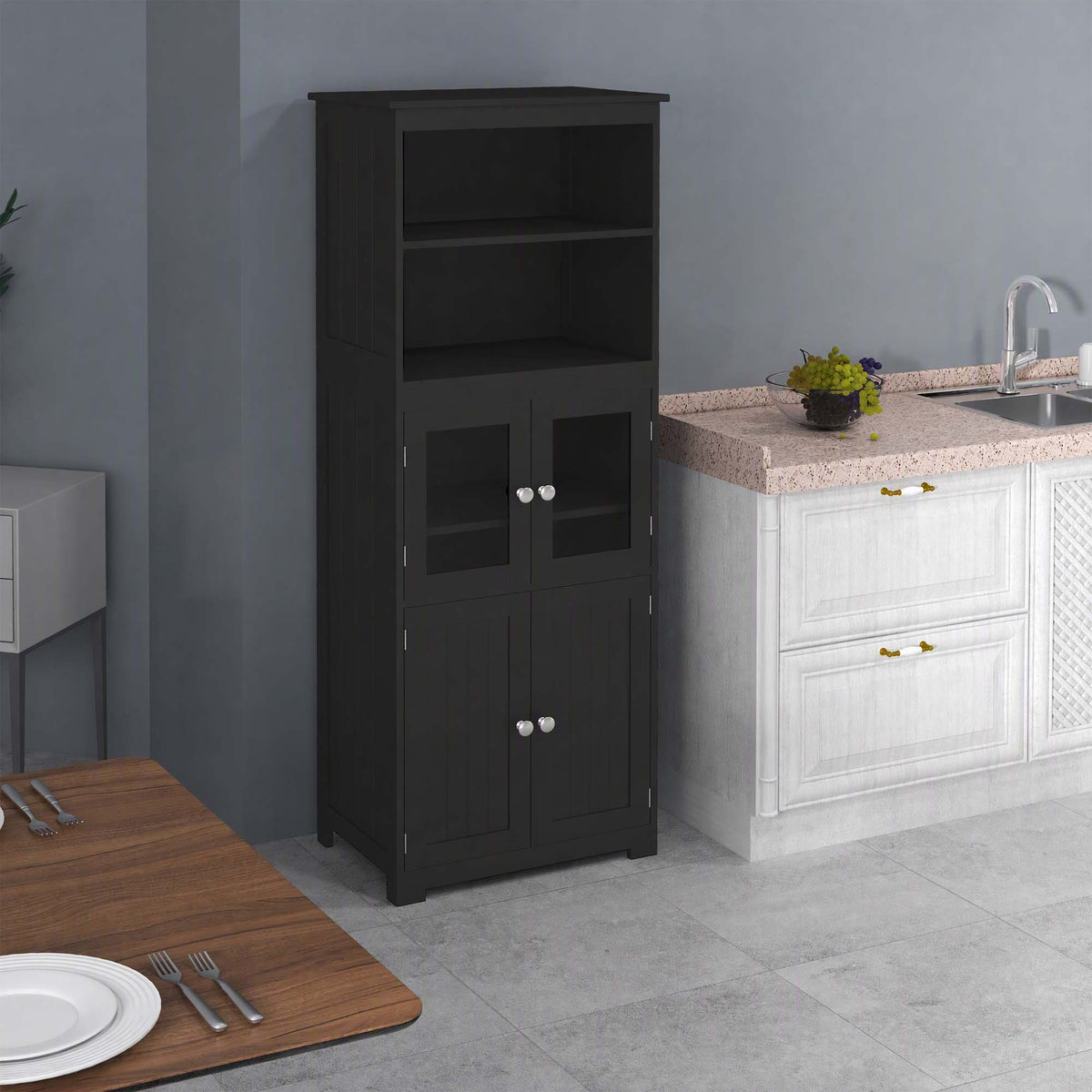 Armoire de cuisine buffet cuisine vaisselier meuble de rangement multi-rangements dim. 60I x 30P x 162H cm noir-1