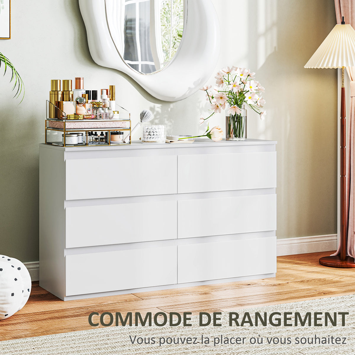 Commode 6 tiroirs meuble de rangement sans poignées design minimaliste 120 x 39 x 75 cm blanc-3