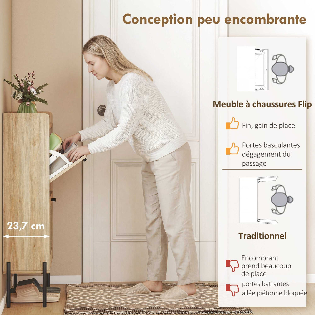 Meuble à chaussures 12 paires, armoire à chaussures, 2 tiroirs rabattables, portes en rotin et étagères réglables, chêne-3