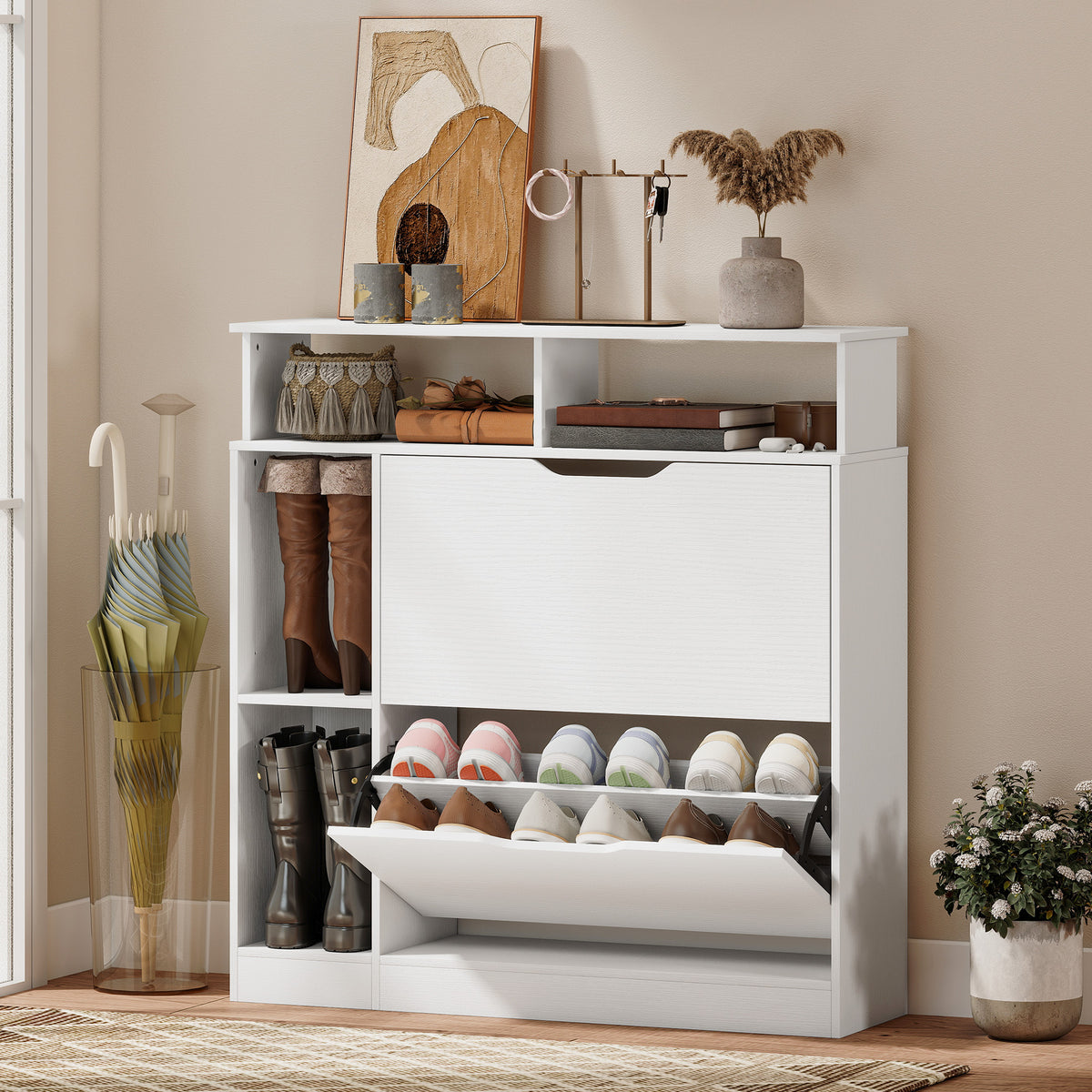 Meuble à chaussures, armoire à chaussures, 2 tiroirs rabattables, compartiments ouverts et étagère réglable, blanc-1