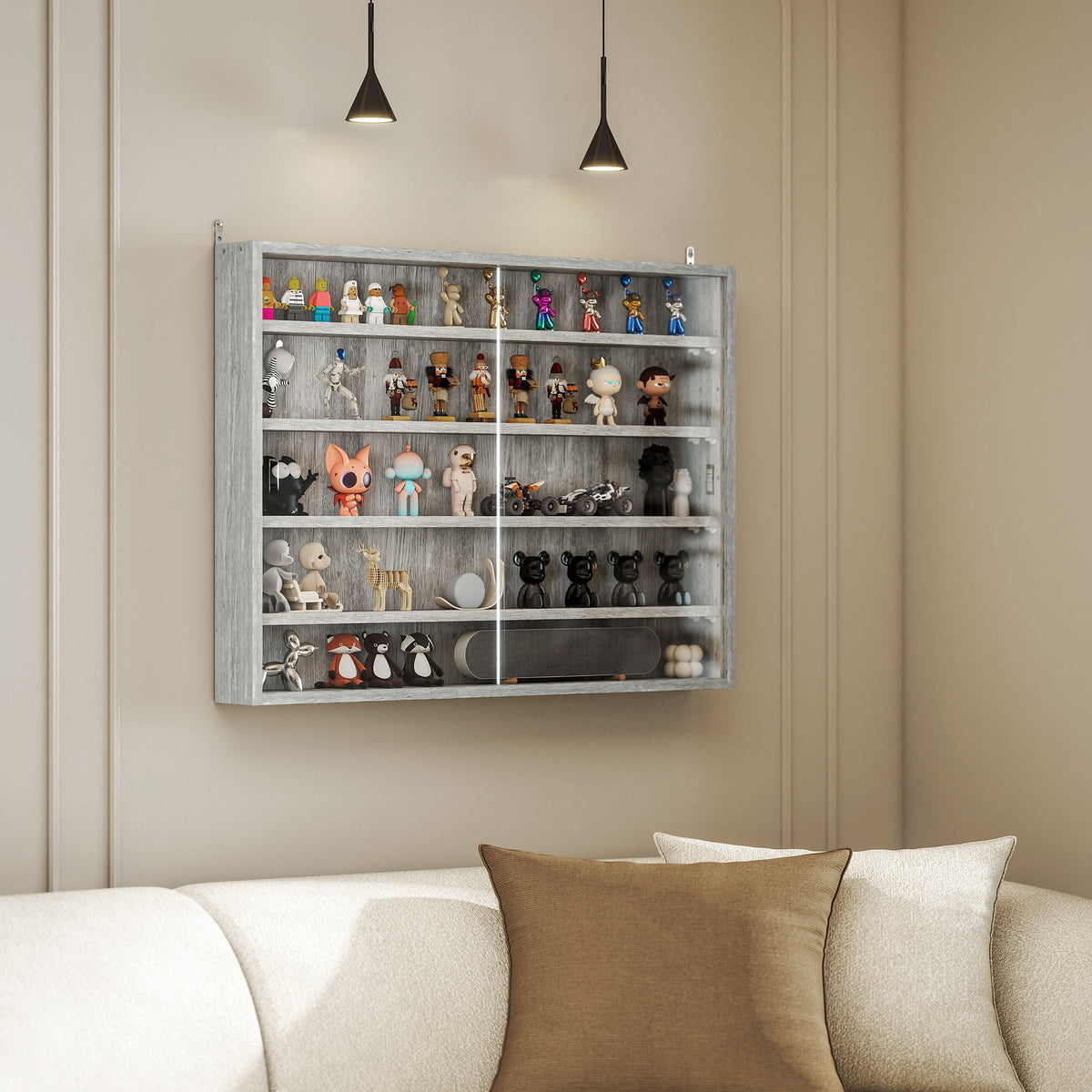 Vitrine murale pour objets de collection 4 étagère réglables en hauteur et 2 portes coulissantes 80 x 9,5 x 60 cm gris-9