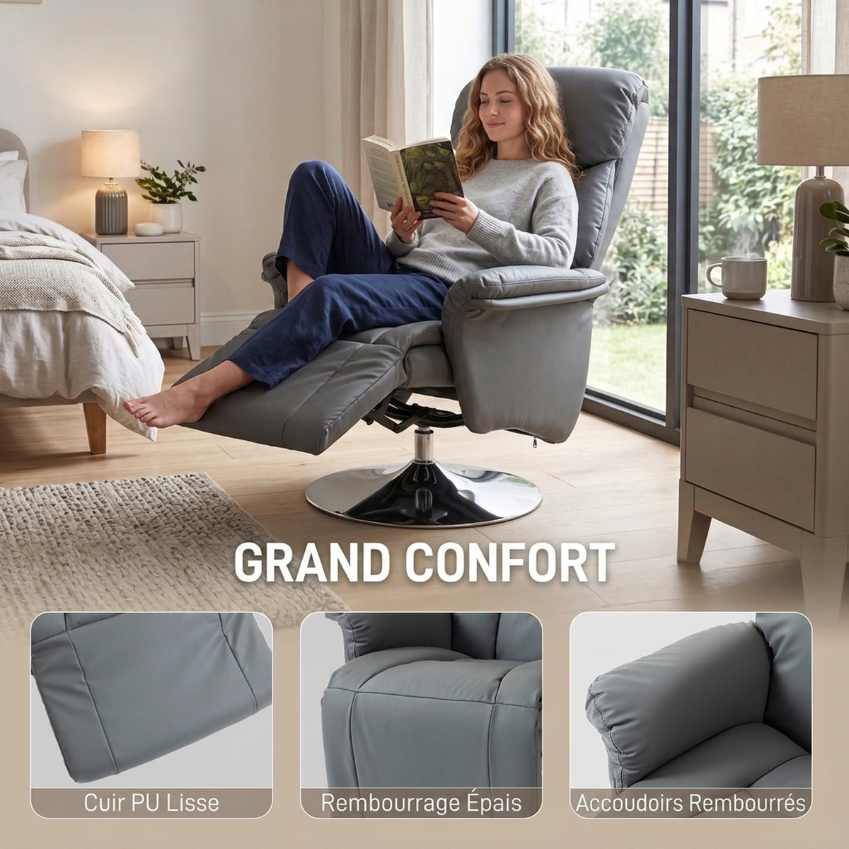 Fauteuil de relaxation inclinable pivotant repose-pied réglable, jusqu'à 150 kg, pour salon, chambre, home cinéma, gris-5