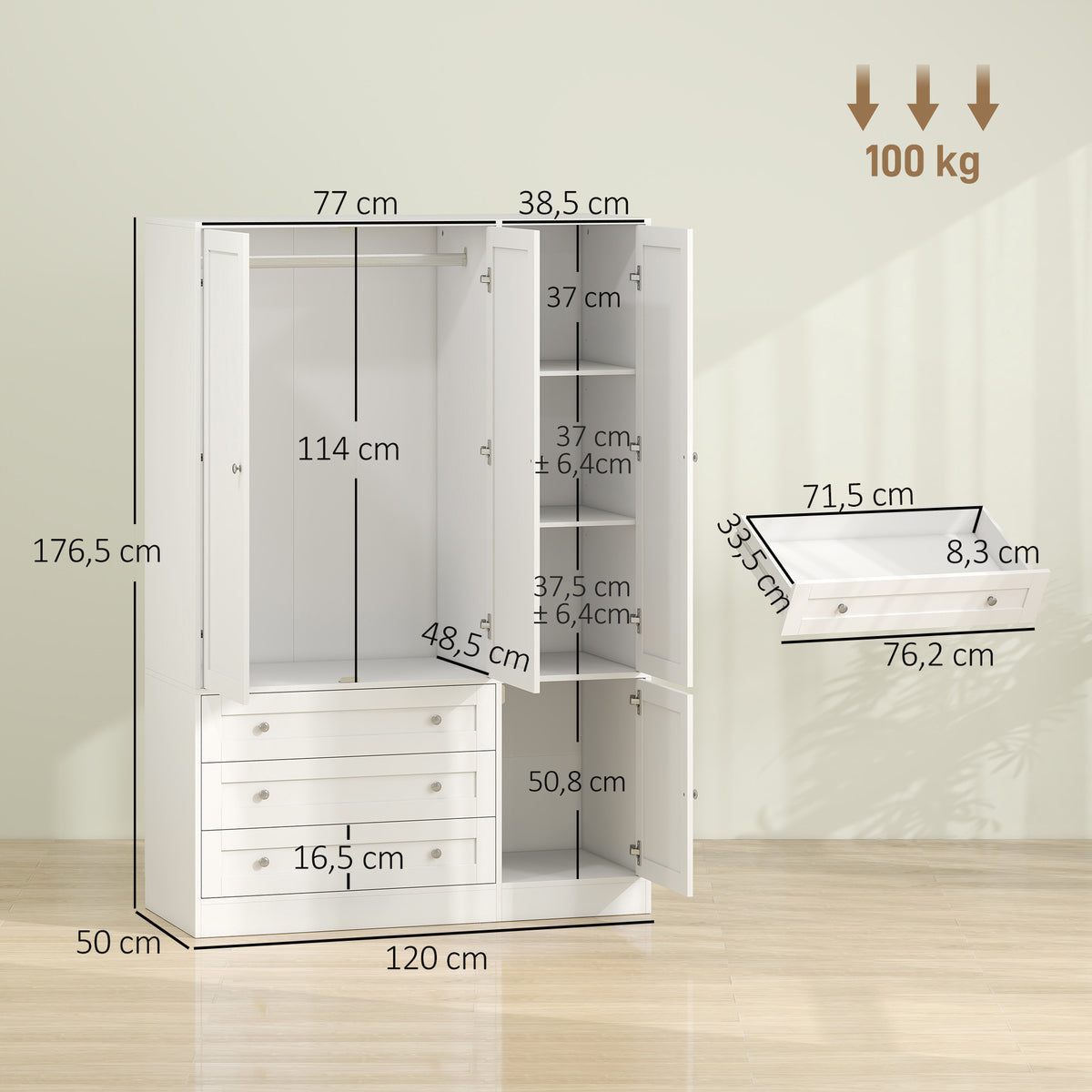 Armoire Chambre Penderie avec 4 Portes, 3 Tiroirs, Barre de Suspension et Étagère Réglable, 120 x 50 x 176,5 cm, Blanc-2