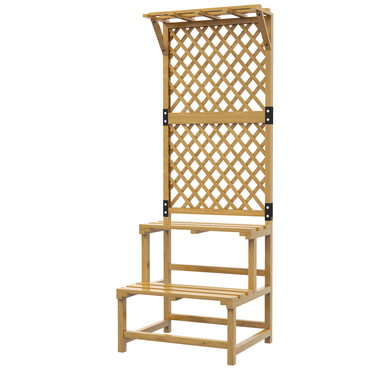 Support plantes intérieur porte plante intérieure à deux niveaux avec treillis 60 x 50 x 166 cm en bois massif jaune-0