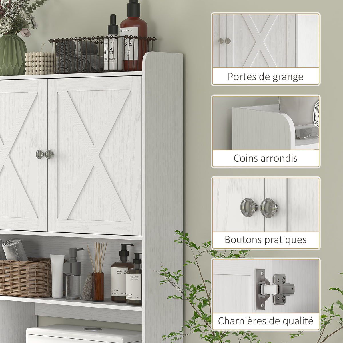 Meuble WC dessus de toilette avec placard à porte de grange, étagère réglable, compartiments et porte-papier, blanc-5
