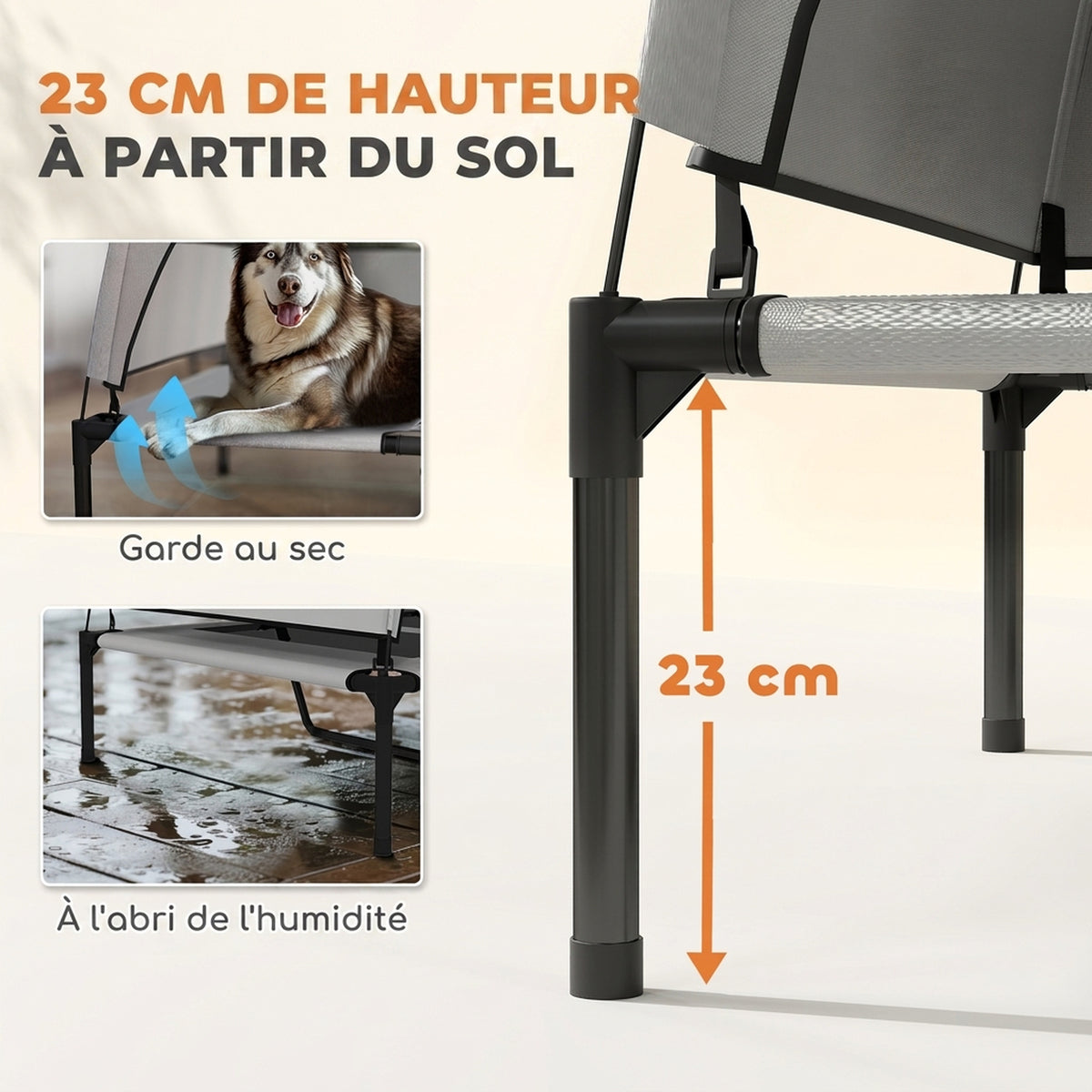 Lit pour Chien Surélevé Tente pour Chien avec Auvent Tente 3 Côtés Respirant Textilène Sac 122x92x94cm Gris Clair-4