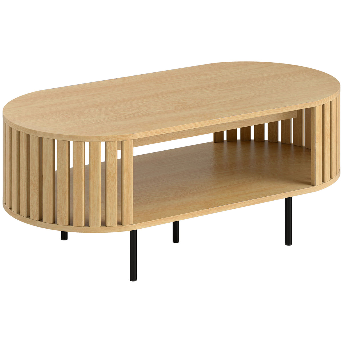 Table basse ovale, table de salon avec rangement, coins arrondis, design lattes, 100 x 50 x 40 cm, effet bois naturel-0
