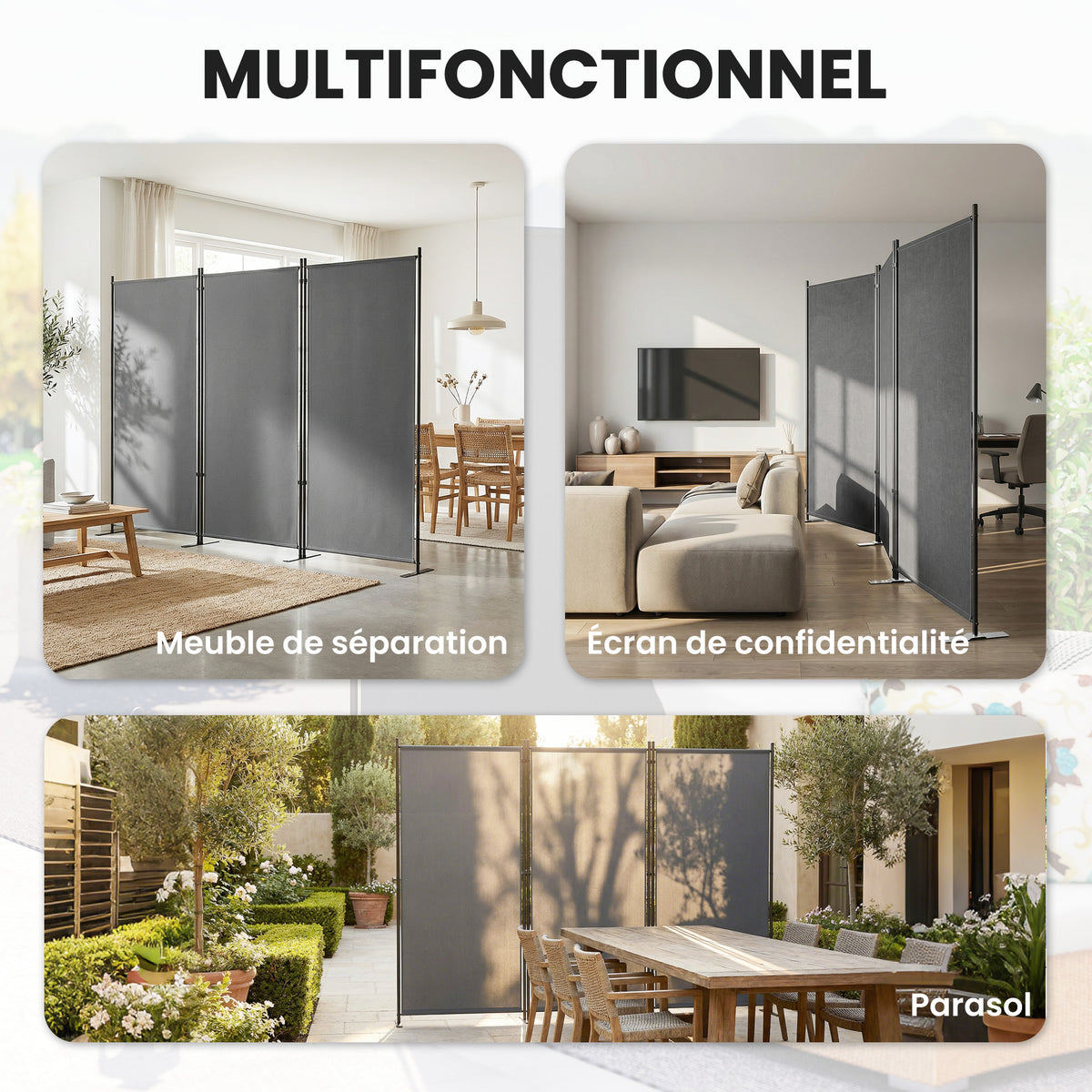 Paravent de Jardin Brise-Vue Extérieur 3 Volets Occultant Pieds en Métal Stable 260x180cm Gris Foncé-7