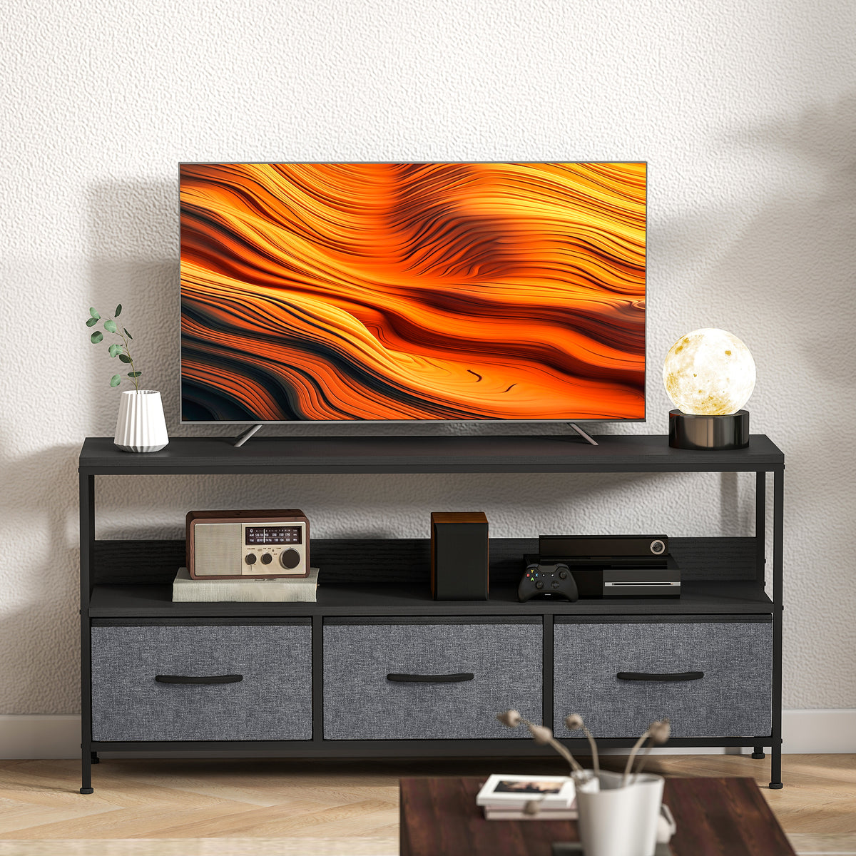 Meuble TV, meuble télé pour téléviseur jusqu'à 55 pouces avec 3 tiroirs et pieds en acier 120 x 29 x 56 cm noir-8