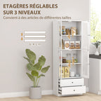 Buffet haut cuisine, armoire de cuisine avec portes vitrées, tiroirs et étagères réglables, 59x30x170cm, blanc brillant-4