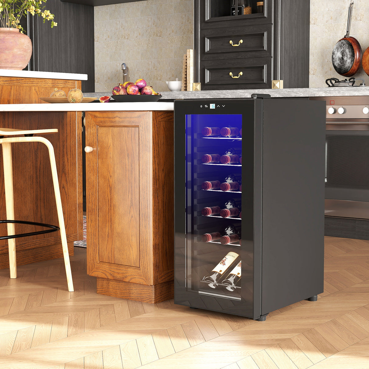 Cave à vin 18 bouteilles 50L haute performance température réglable 5-18° avec lumière LED, noir-1