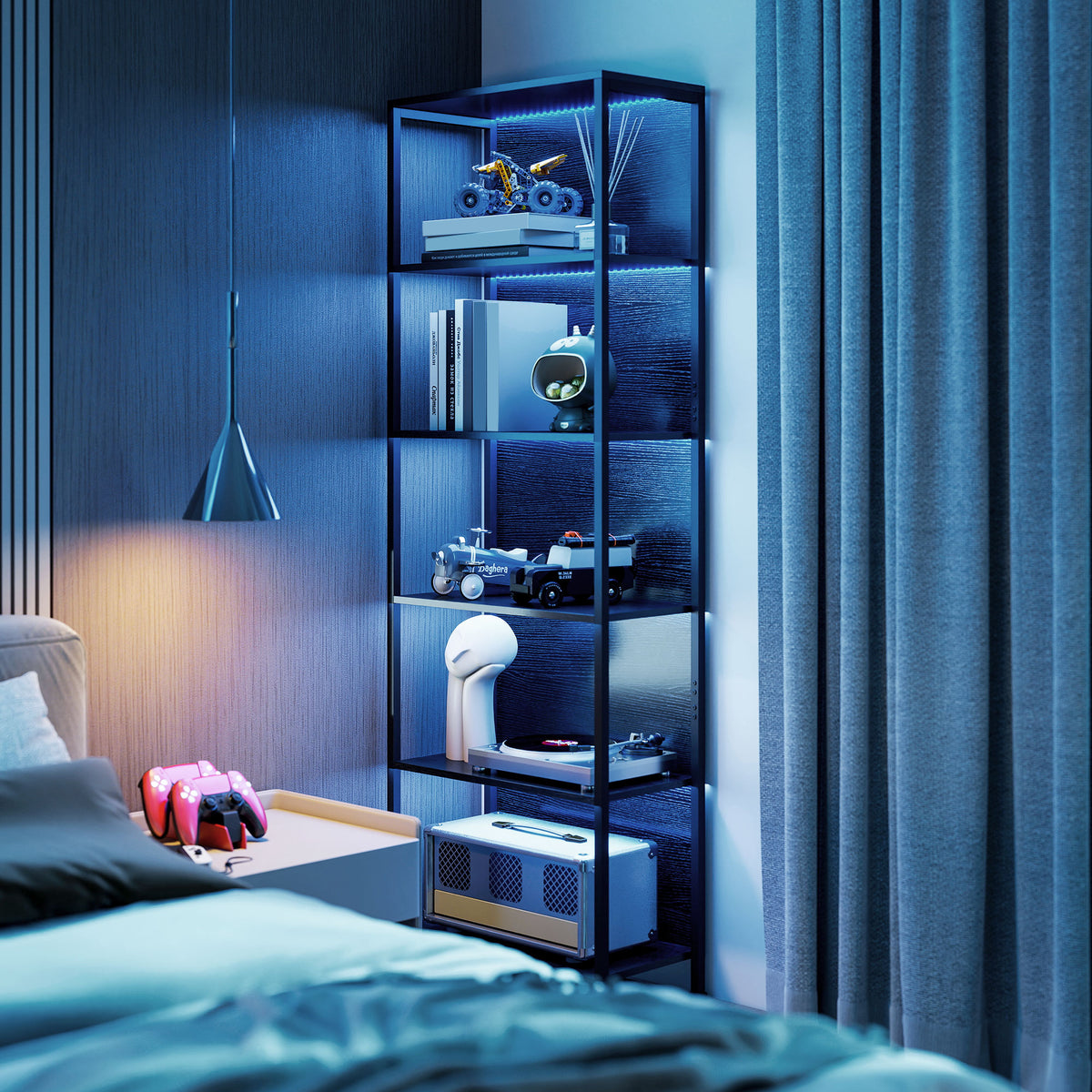 Bibliothèque étagère de rangement à 5 niveaux avec éclairage LED 7 couleurs, structure en acier, 60 x 30 x 179 cm, noir-7