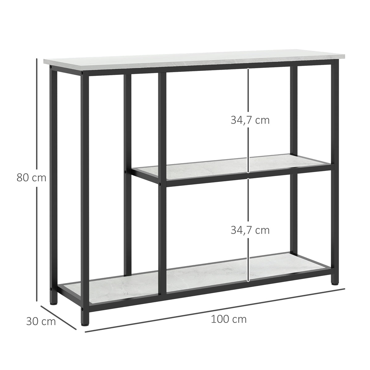 Console meuble 100 cm, table console 3 niveaux, plateaux en effet marbre, cadre en acier, blanc-2